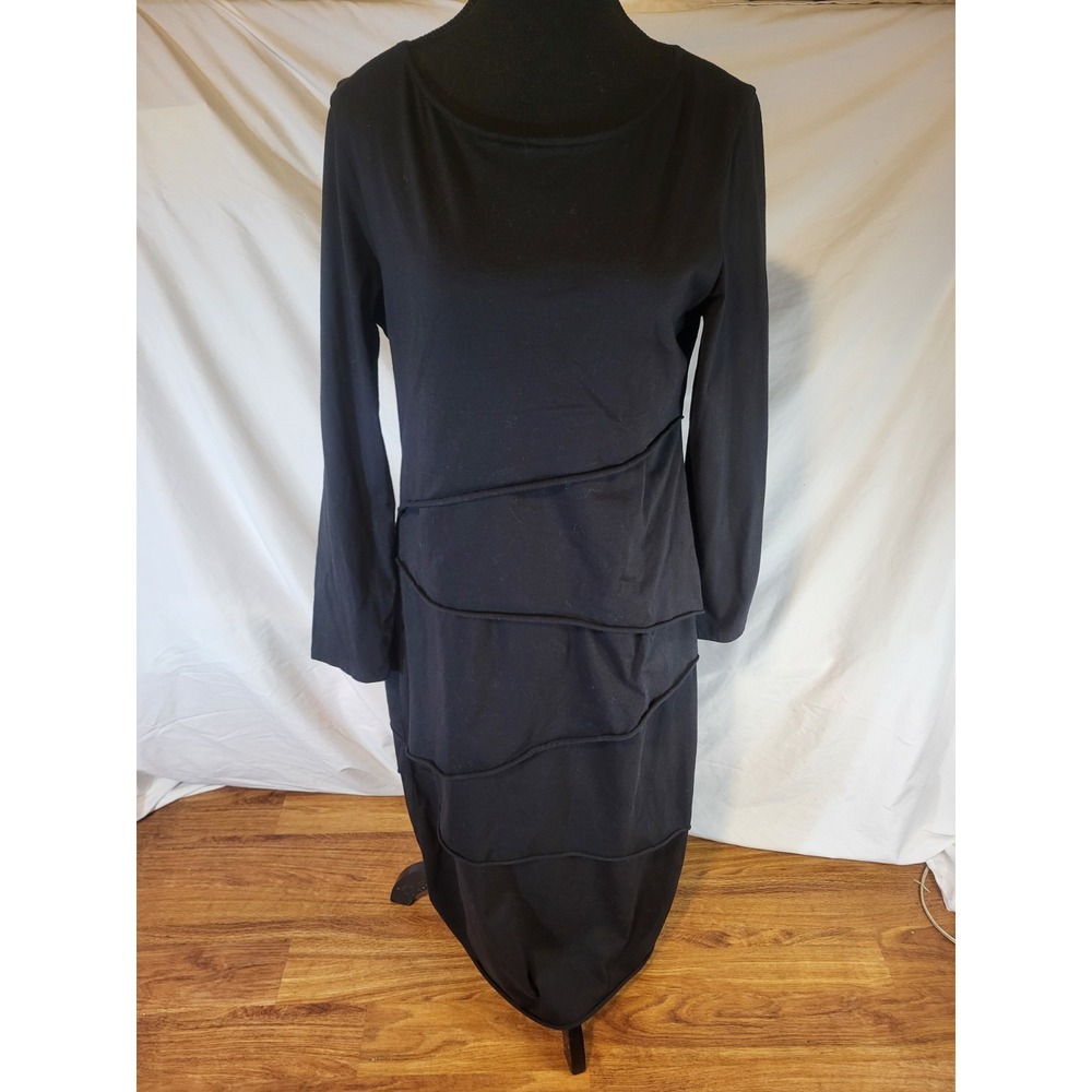 NEON BUDDHA Black Shanghai Dress Size Large Tiered Asymmetric Long Sleeve Jersey